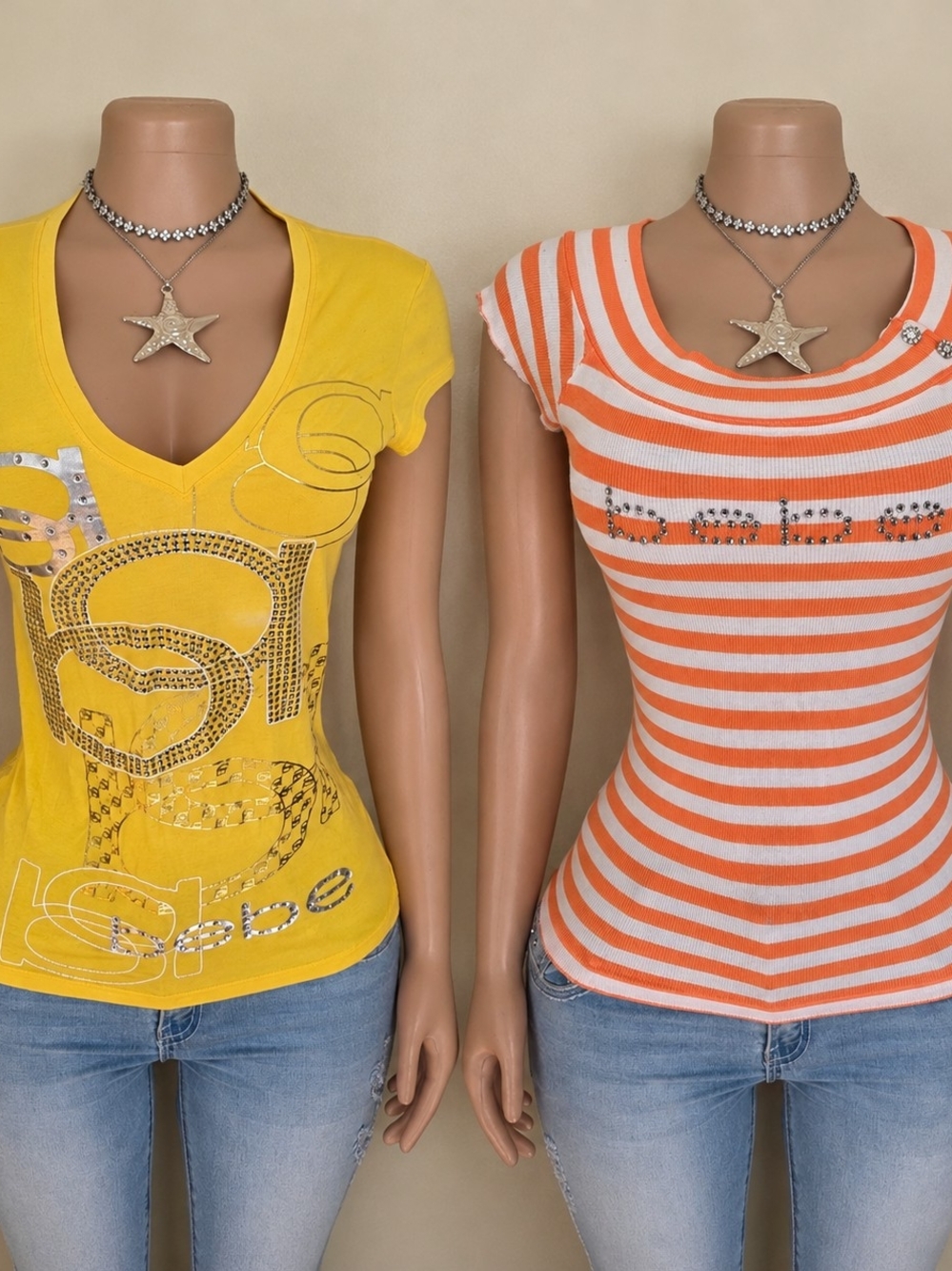 Y2k Bebe Yellow Graphic V‑Neck Top & Bebe Orange White Striped Tee Bundke